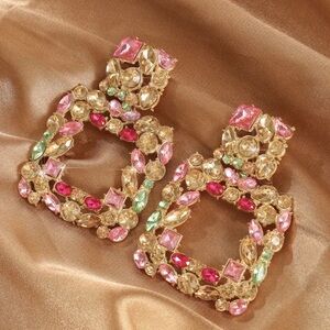 Vibrant Gold and Pink Crystal Earrings. Luxury Statement Earrings. 🌷